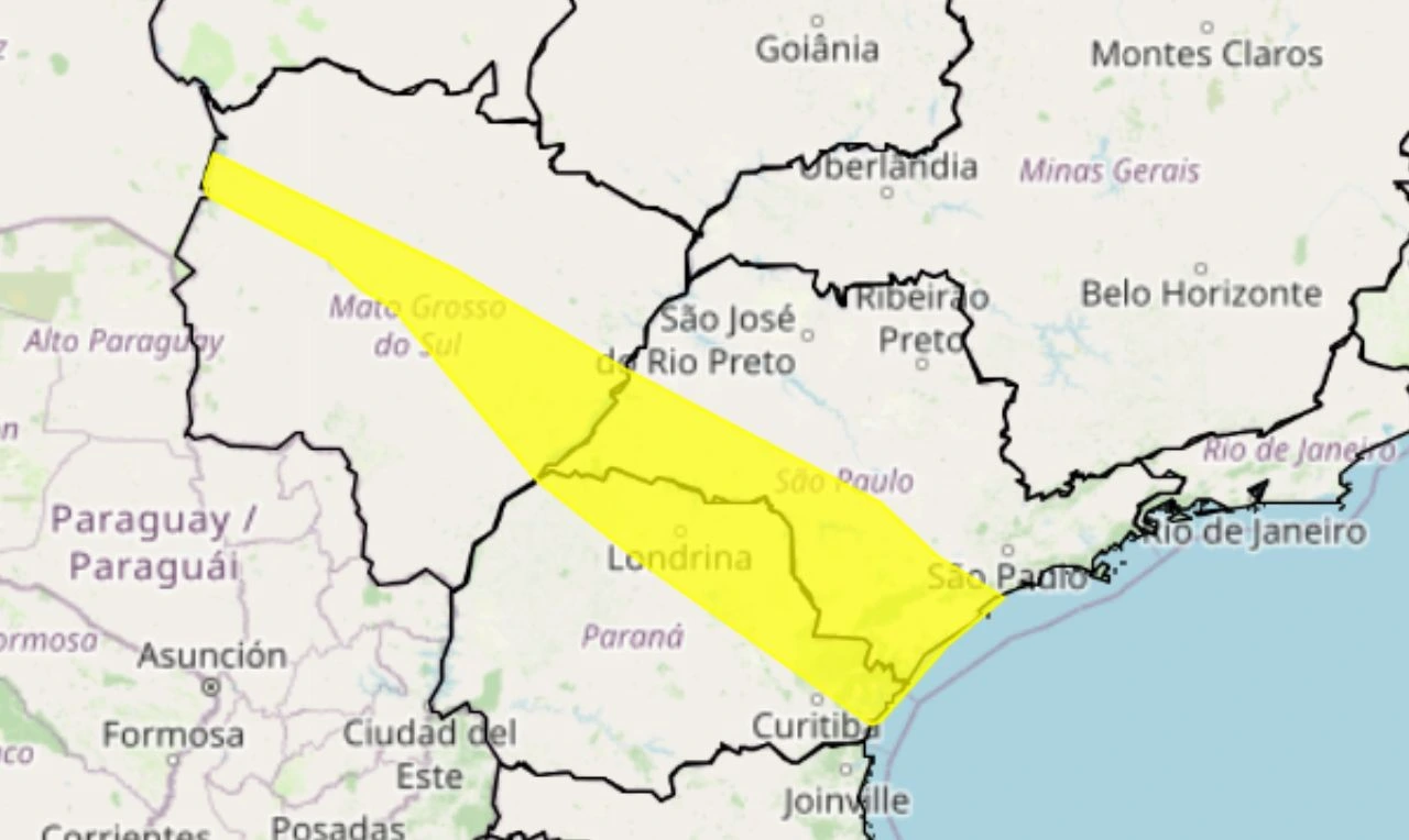 Trata-se de um alerta amarelo para chuvas intensas, ventania e risco de corte de energia em partes de SP, MS e PR