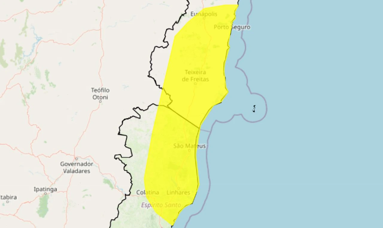 Trata-se de um alerta amarelo para chuvas intensas em partes do Nordeste e Sudeste do país