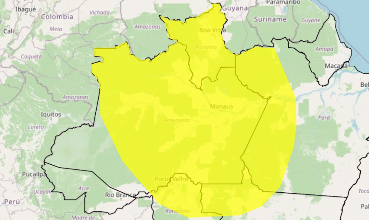 Trata-se de um alerta amarelo para chuvas intensas, ventania, risco de raios e corte de energia em partes do Norte e Nordeste