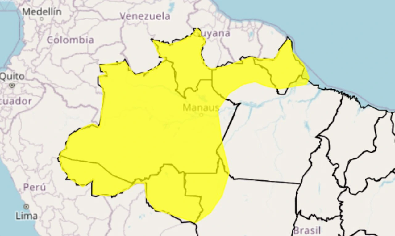 Trata-se de um alerta amarelo para chuvas intensas, ventania e risco de queda de energia em parte das regiões Norte e Centro-Oeste