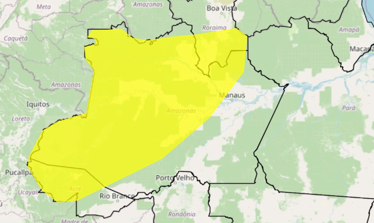 Trata-se de um alerta amarelo para chuva intensa, ventania e risco de queda de energia em parte da região Norte