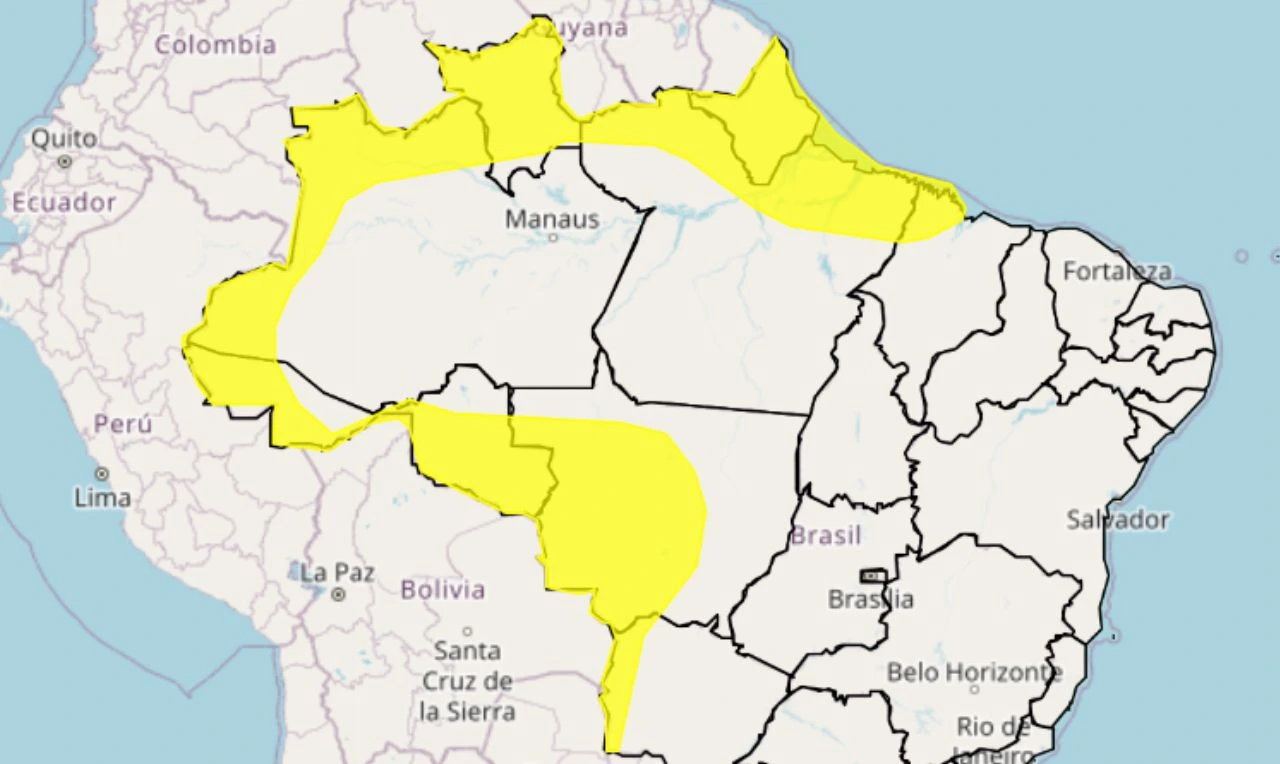 Trata-se de um alerta amarelo para chuvas intensas, ventanias e risco de queda de energia em partes do Norte, Nordeste e Centro-Oeste