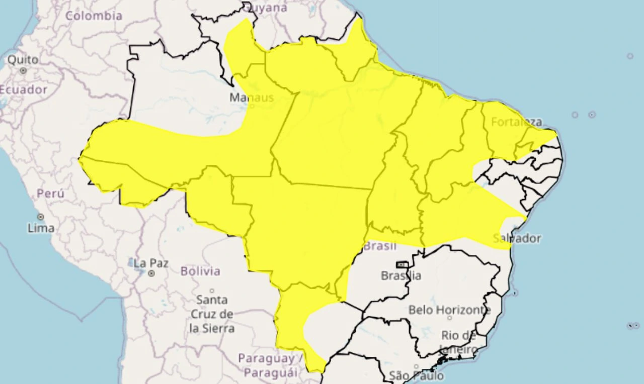 Trata-se de um alerta amarelo para chuvas intensas, ventania e risco de queda de energia em grande parte do país