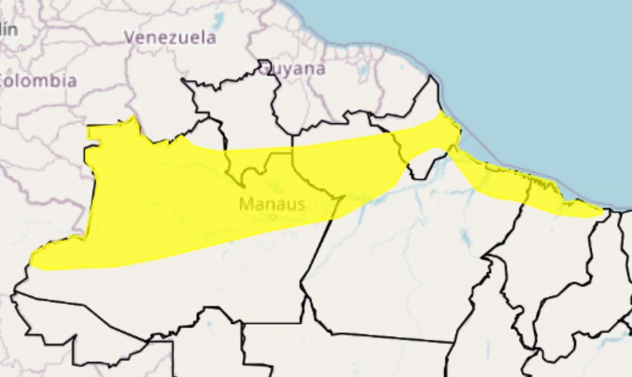 Trata-se de um alerta amarelo para chuvas intensas, ventania e risco de corte de energia em partes das regiões Norte e Nordeste