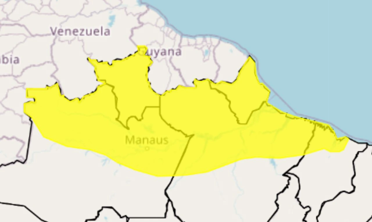 Trata-se de um alerta amarelo para chuvas intensas, ventania e risco de queda de energia em partes do Norte e Nordeste