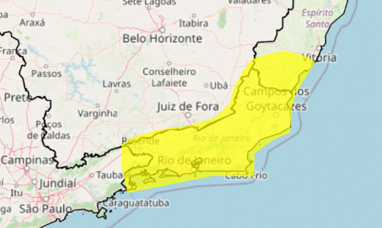 Trata-se de um alerta amarelo para chuvas intensas, ventania e risco de apagão em parte do Sudeste
