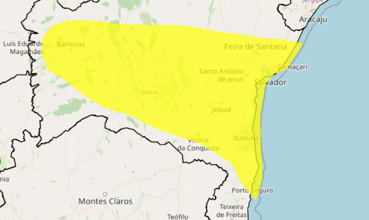 Trata-se de um alerta amarelo para chuvas intensas e ventania em parte da Bahia