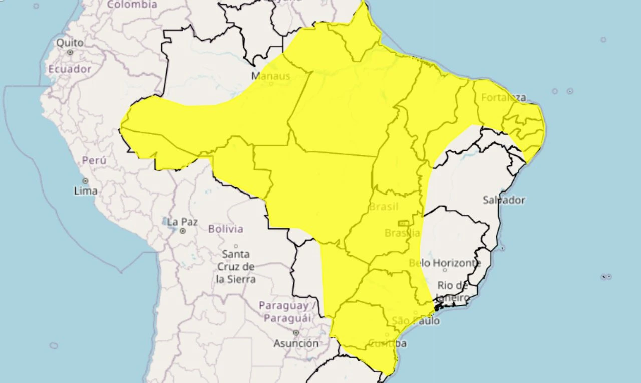 Trata-se de um alerta amarelo para chuvas intensas e ventania em grande parte do país