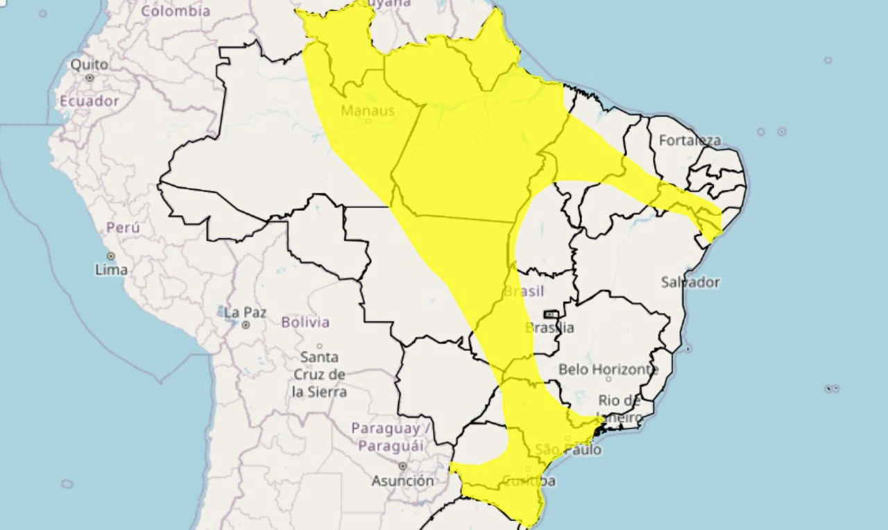 Trata-se de um alerta amarelo para chuvas intensas em grande parte do país