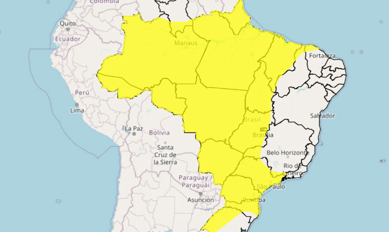 Trata-se de um alerta amarelo para chuva intensa e ventania em grande parte do país