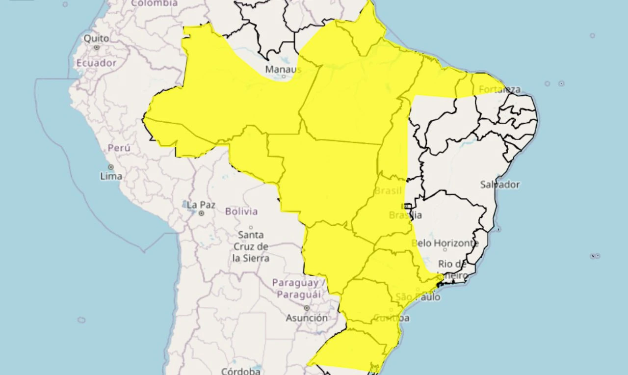 Trata-se de um alerta amarelo para chuva intensa e ventania em grande parte do país