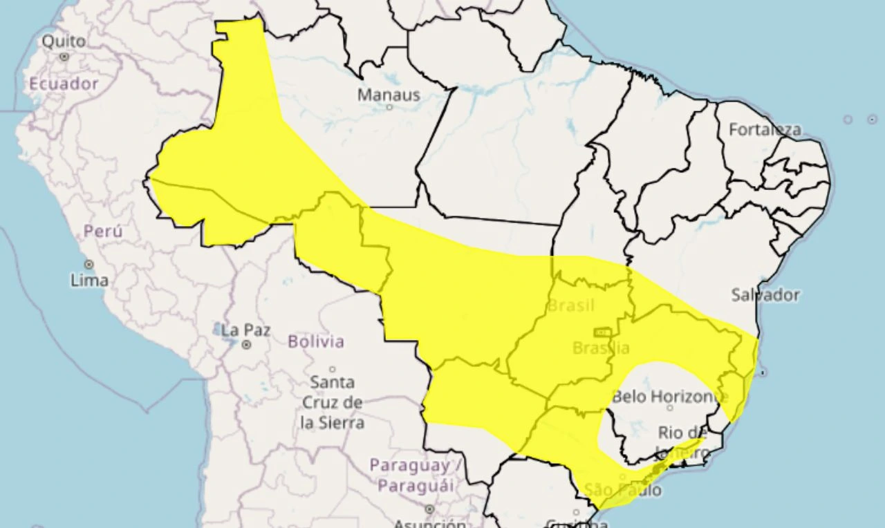 Trata-se de um alerta amarelo para chuvas intensas, ventania e risco de alagamentos em grande parte do país