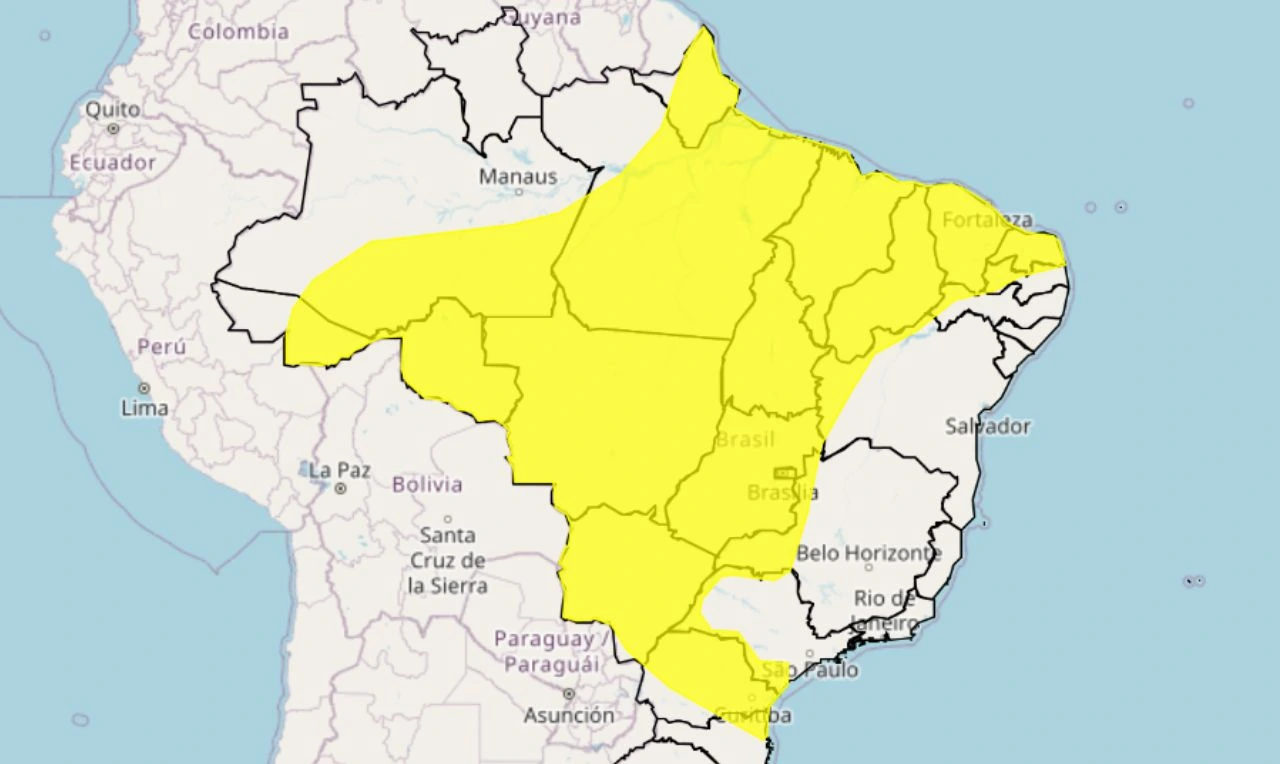 Trata-se de um alerta amarelo para chuvas e ventos intensos em todas as regiões do Brasil