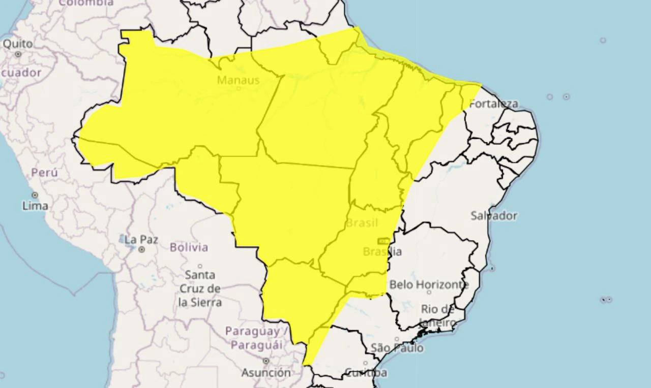 Trata-se de um alerta amarelo para chuvas intensas em grande parte do país