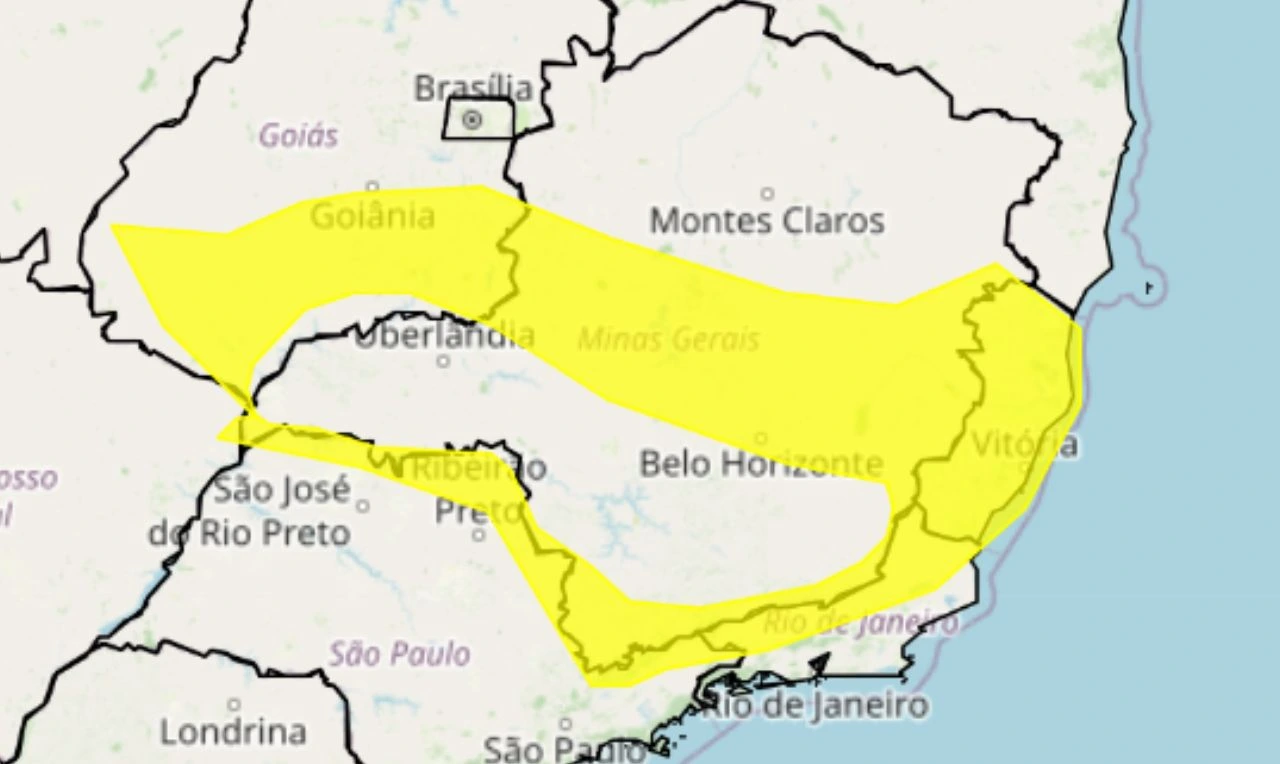 Trata-se de um alerta amarelo para chuva intensa e ventania nas regiões Centro-Oeste e Sudeste
