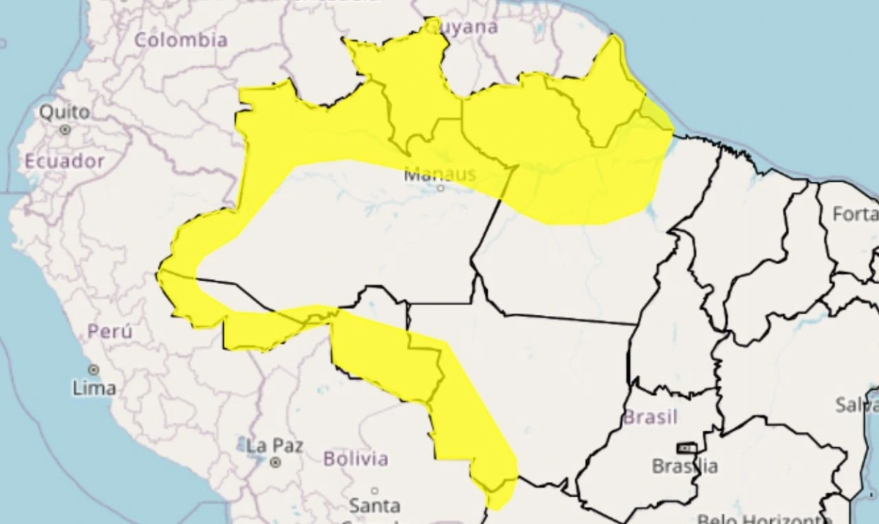 Trata-se de um alerta amarelo para chuvas intensas, ventania e risco de queda de árvores em partes do Norte e Centro-Oeste