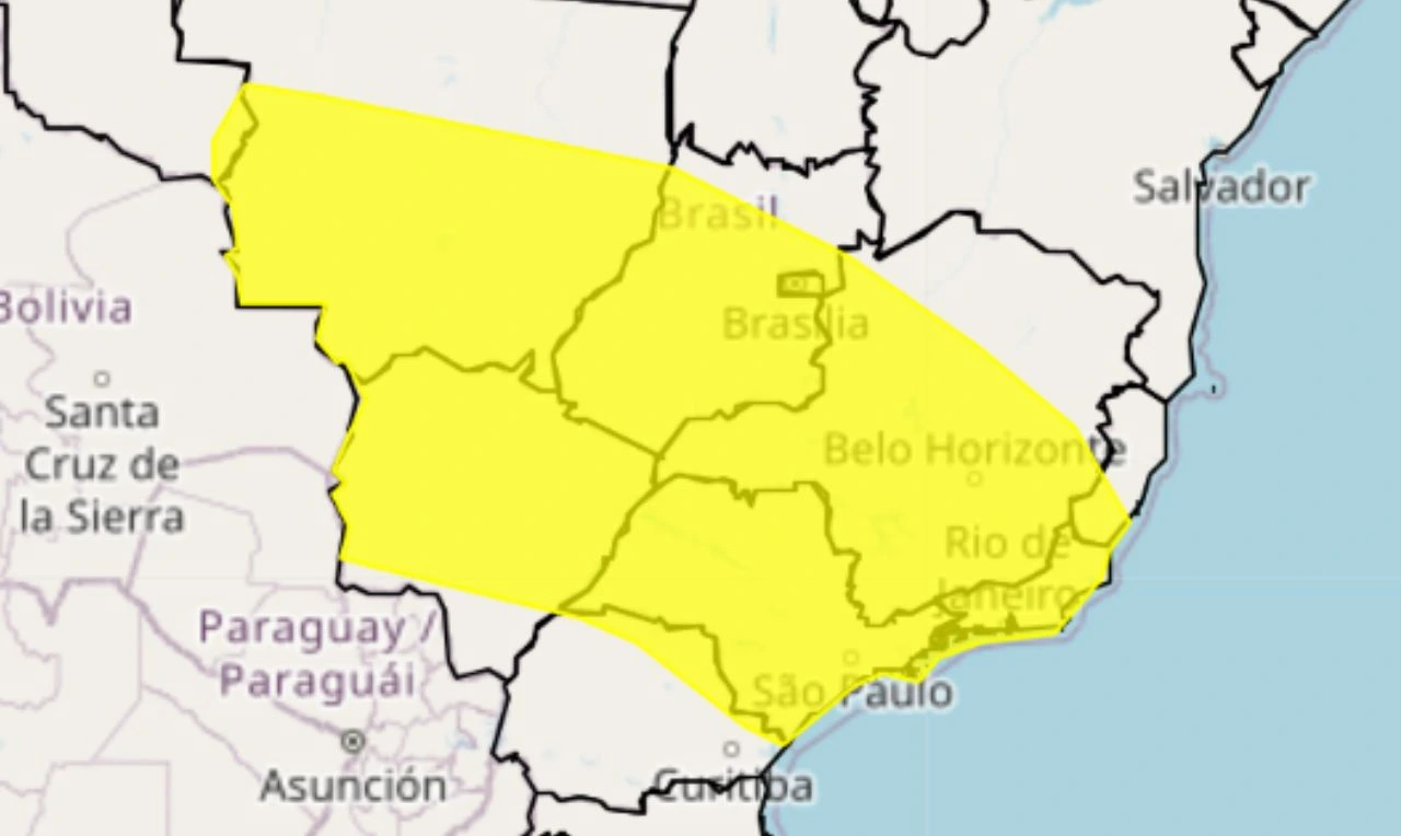 Trata-se de um alerta amarelo para chuvas intensas e ventania em partes do Norte, Centro-Oeste, Sudeste e Sul do país