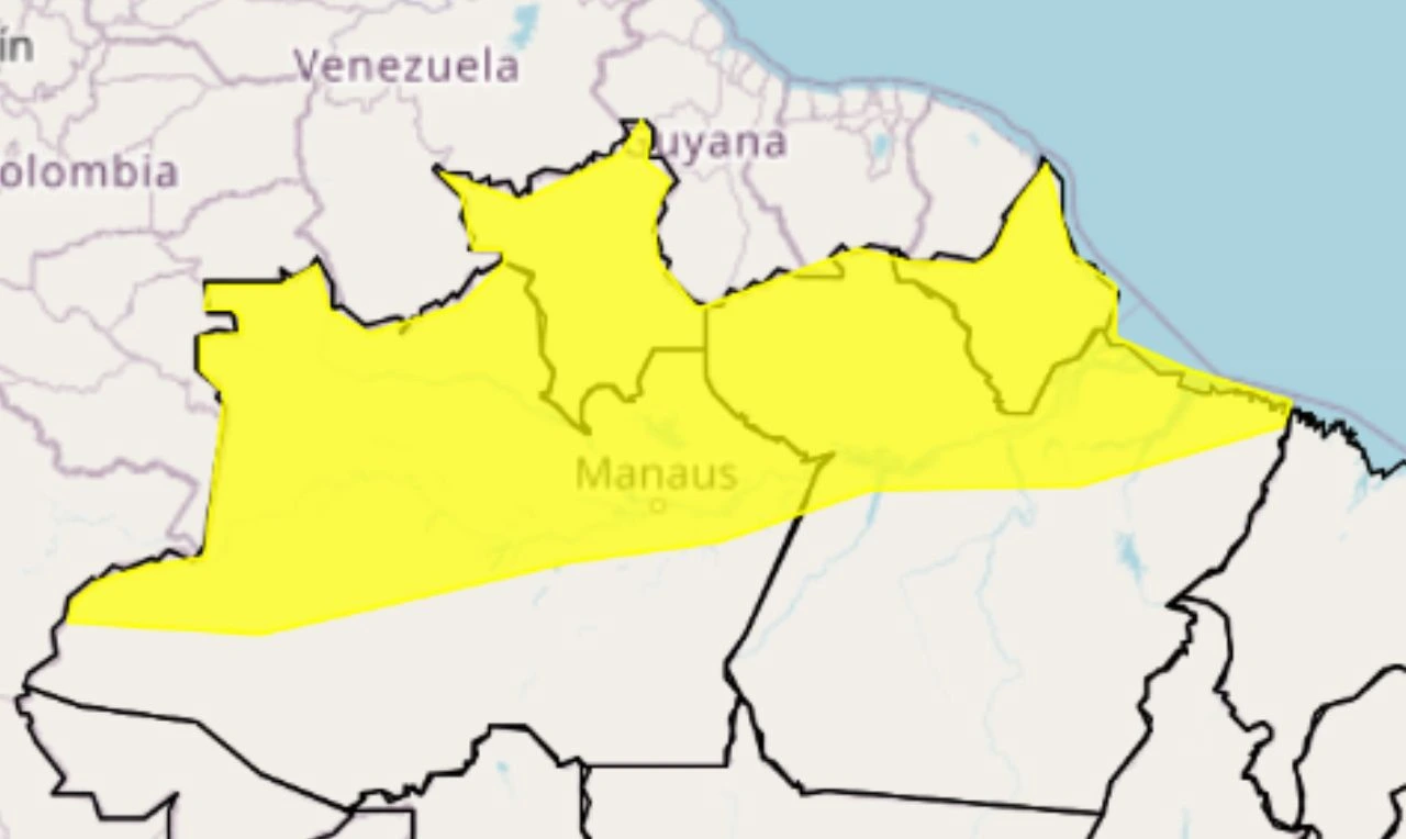 Trata-se de um alerta amarelo para chuvas intensas, ventania e risco de queda de árvores em parte da região Norte