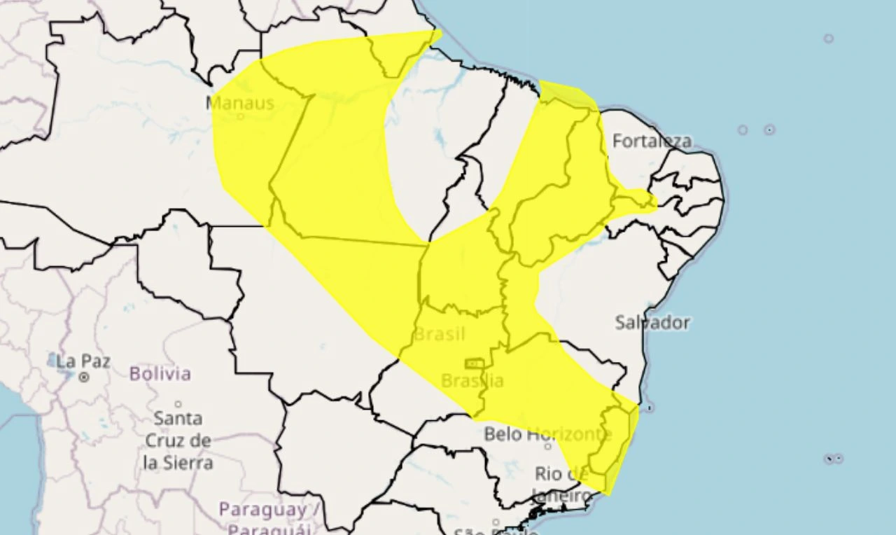 Trata-se de um alerta amarelo para chuvas intensas e ventania nas regiões Norte, Nordeste, Centro-Oeste e Sudeste