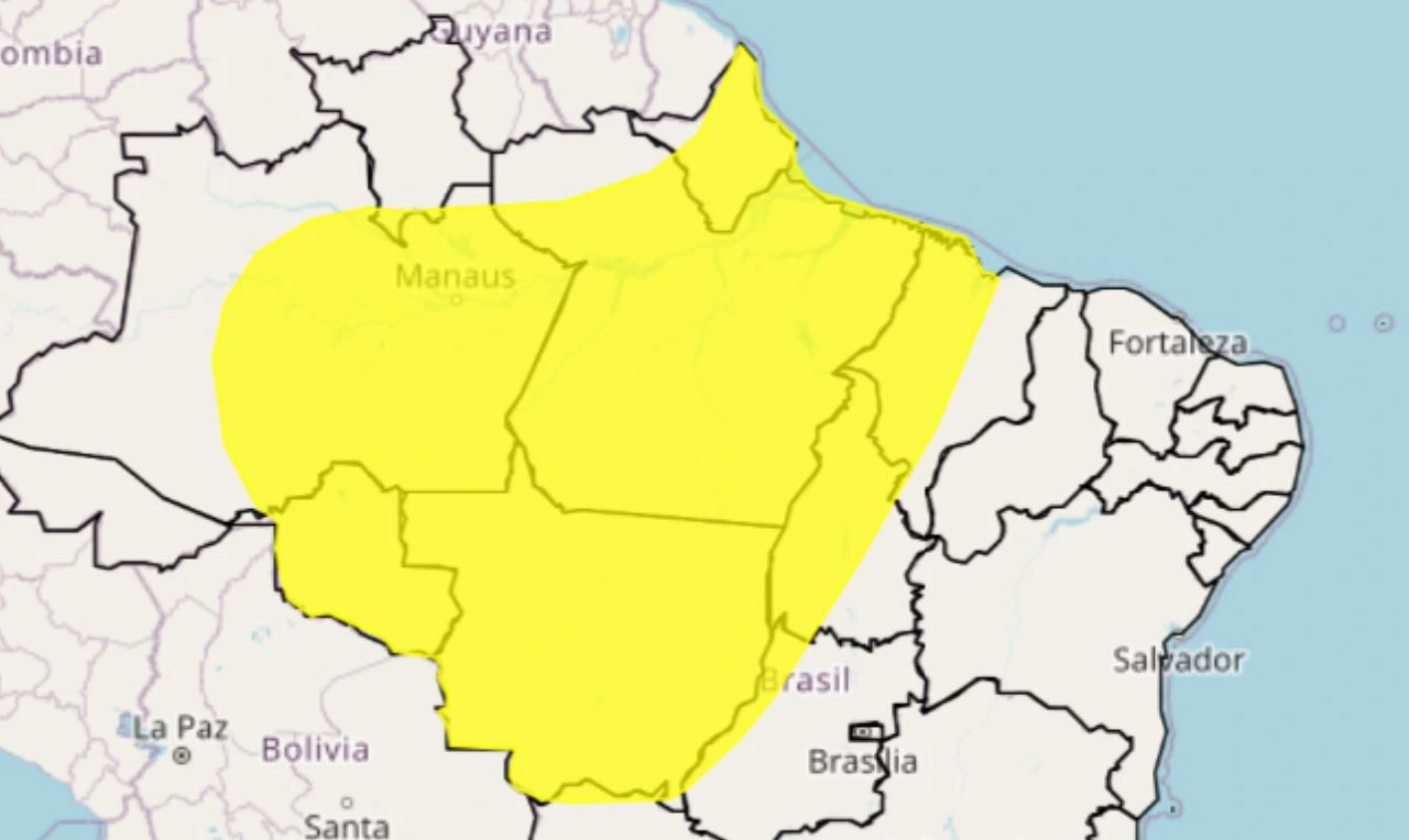 Trata-se de um alerta amarelo para chuvas intensas e ventania nas regiões Norte, Nordeste e Centro-Oeste