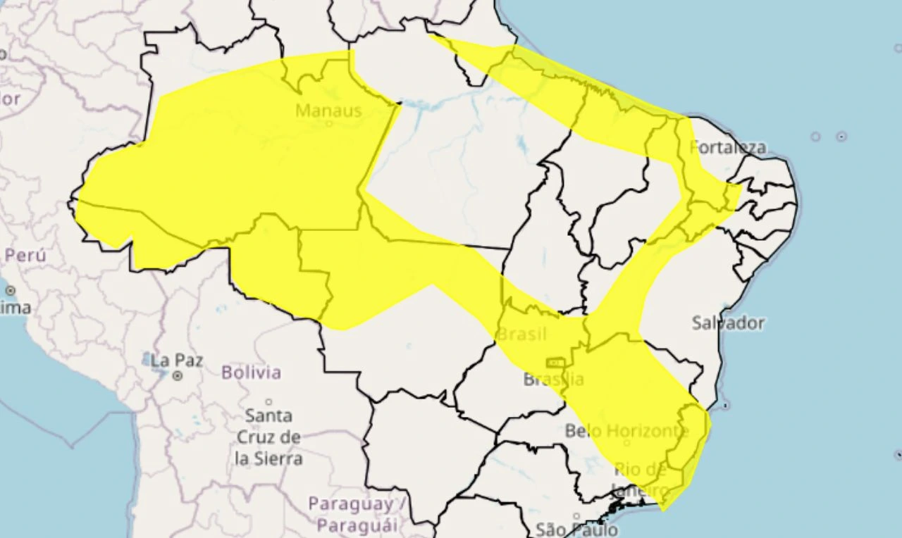 Trata-se de um alerta amarelo para chuvas intensas e ventanias em partes das regiões Norte, Nordeste, Centro-Oeste e Sudeste