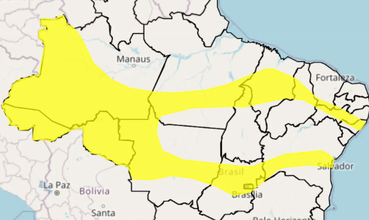 a imagem mostra um alerta amarelo para chuva e ventania em parte das regiões Norte, Nordeste, Centro-Oeste e Sudeste