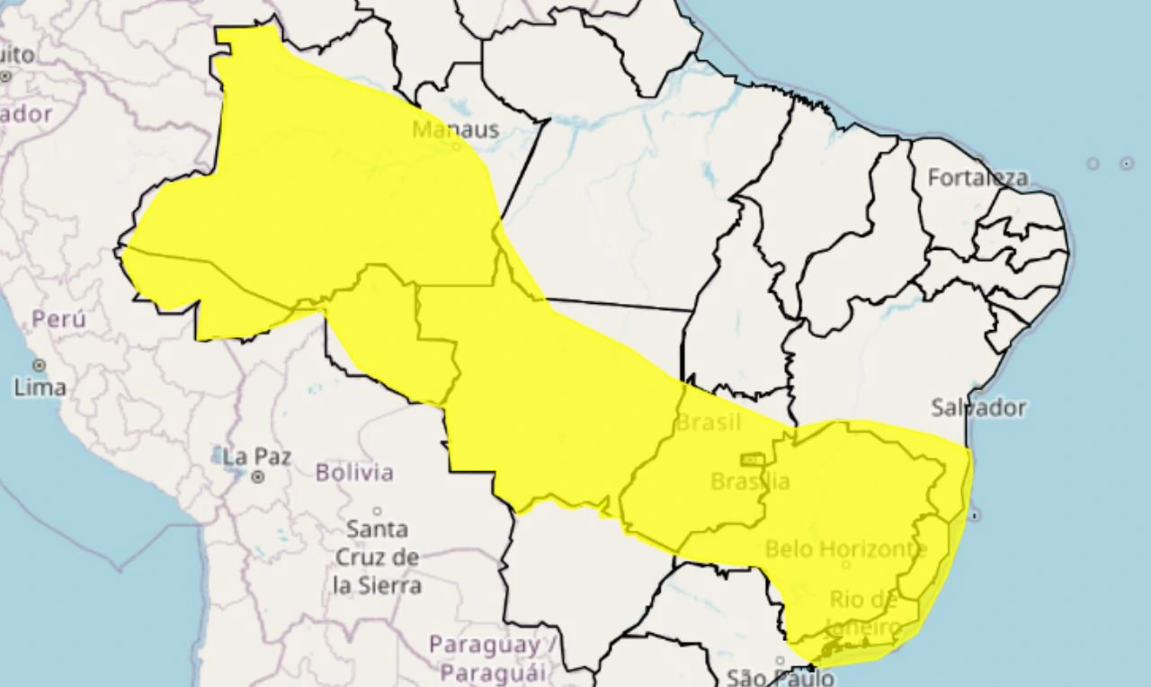 Trata-se de um alerta amarelo para chuvas intensas e ventania em partes do Norte, Nordeste, Centro-Oeste e Sudeste