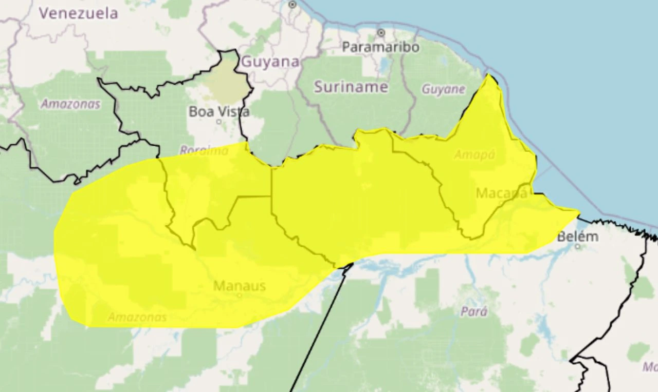 Trata-se de um alerta amarelo para chuva intensa, ventania e risco de alagamento em parte da região Norte