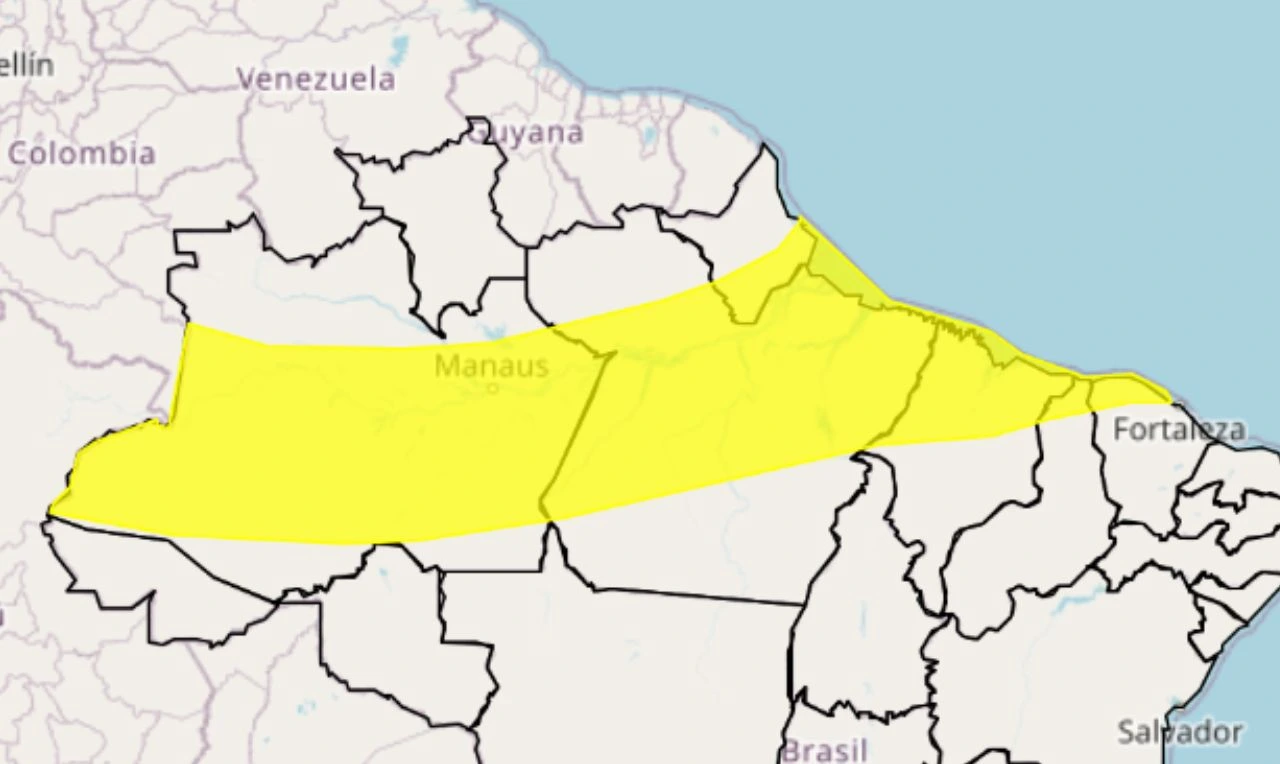 Trata-se de um alerta amarelo para chuvas intensas e ventania em partes do Norte e Nordeste
