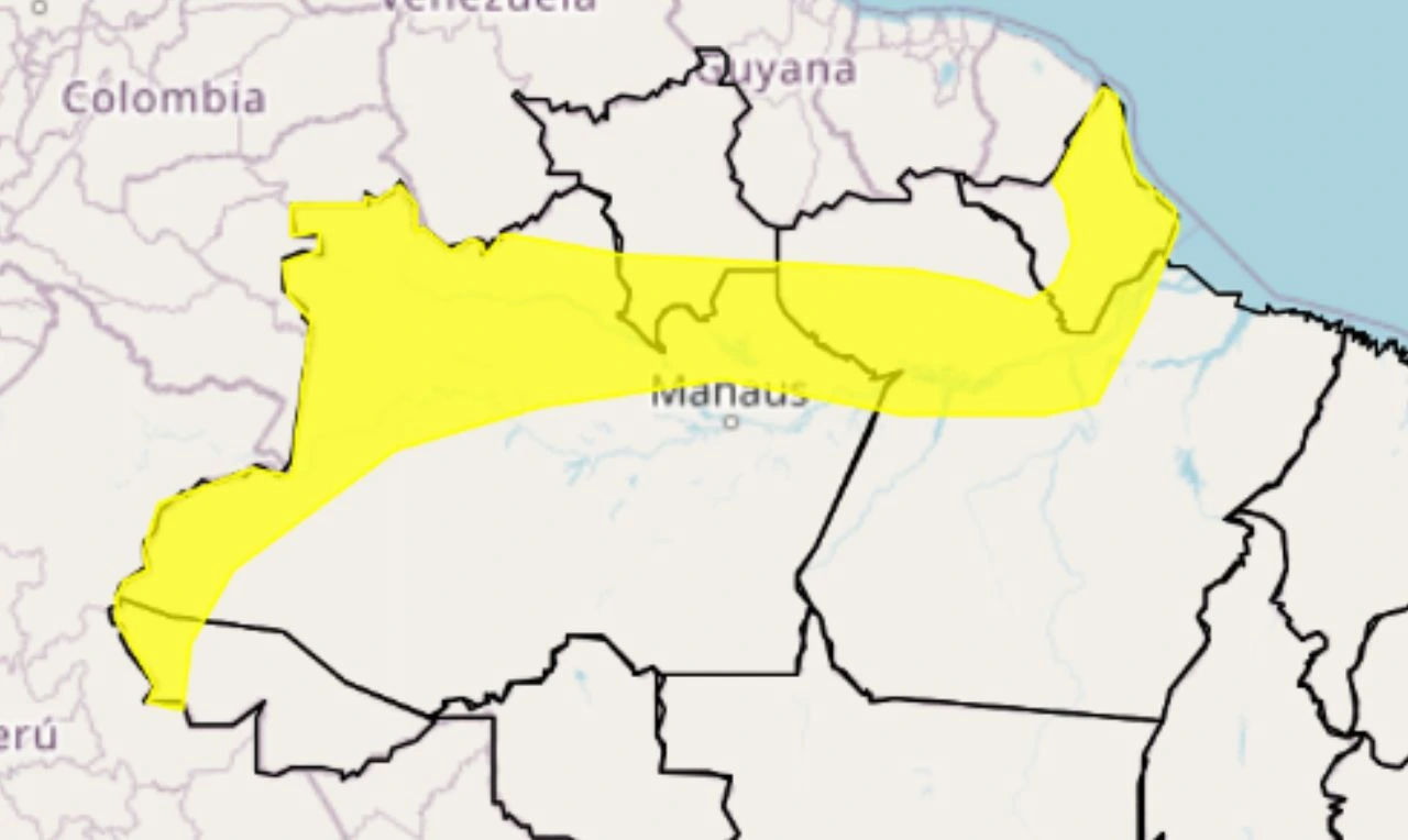 Trata-se de um alerta amarelo para chuvas intensas, ventania e risco de raios e alagamentos para parte do Norte