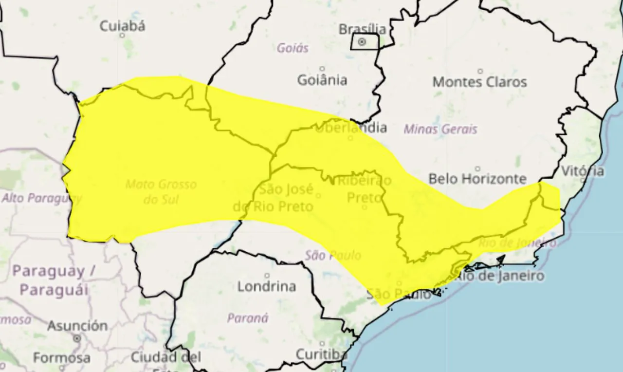 Trata-se de um alerta amarelo para chuva intensa e ventania nas regiões Centro-Oeste e Sudeste