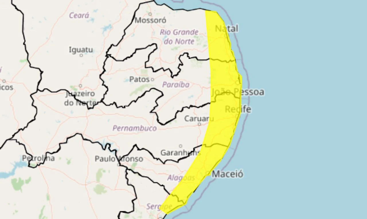 Trata-se de um alerta amarelo para chuvas intensas, ventania e risco de raios em parte da região Nordeste