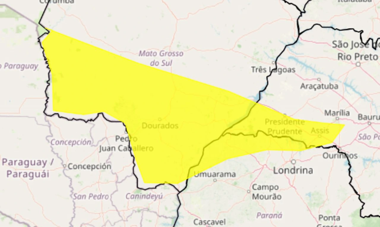 Trata-se de um alerta amarelo para chuvas intensas, ventania e raios nos estados MS, SP e PR