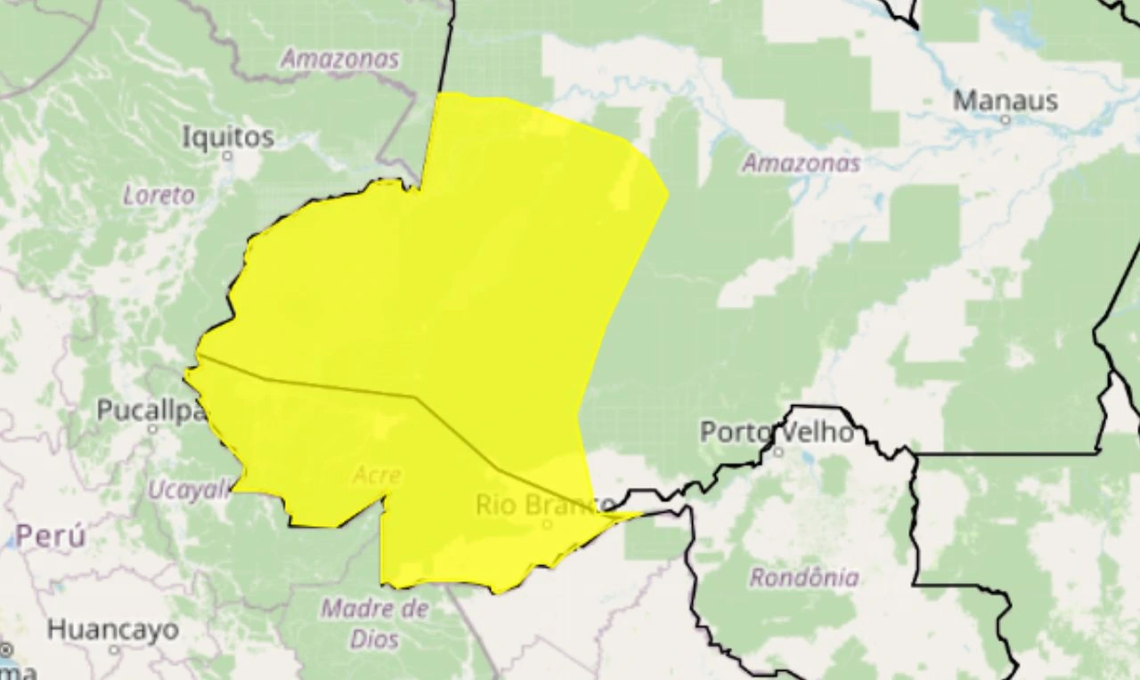 Trata-se de um alerta amarelo para chuvas intensas, ventania e raios em parte do Norte
