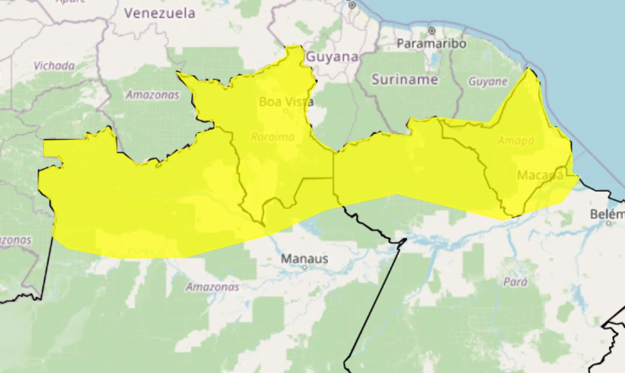 Trata-se de um alerta amarelo para chuvas intensas em parte da região Norte do país