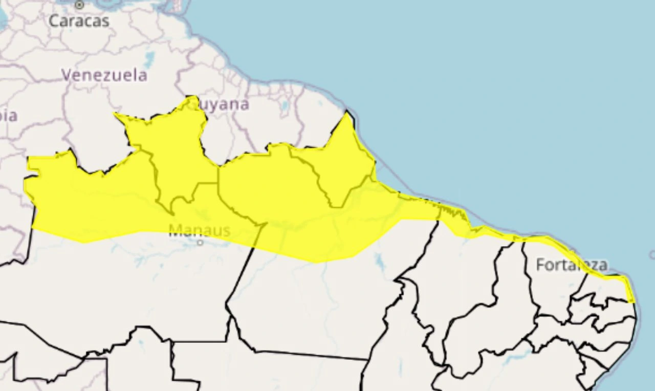 Trata-se de um alerta amarelo para chuvas intensas, ventania e risco de raios em partes do Norte e Nordeste