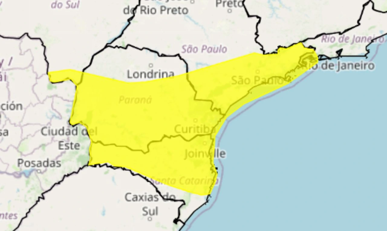 Trata-se de um alerta amarelo para chuvas intensas, ventania, risco de alagamento e corte de energia em partes do Centro-Oeste, Sudeste e Sul