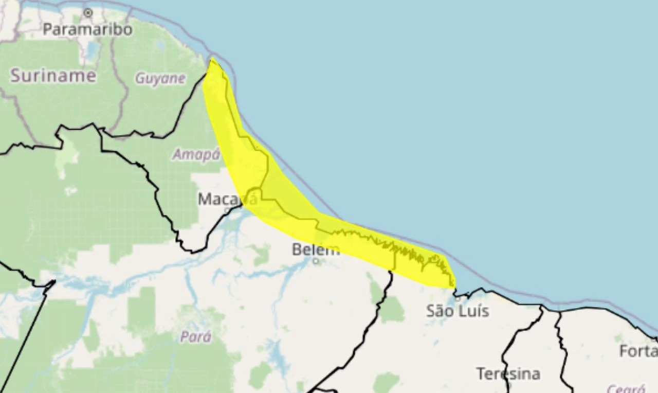 Trata-se de um alerta amarelo para chuvas intensas em partes das regiões Norte e Nordeste