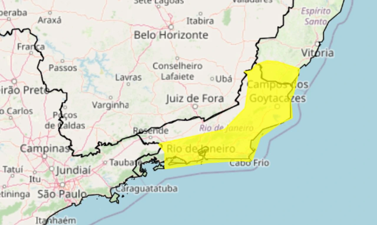 Trata-se de um alerta amarelo para chuvas intensas em parte da região Sudeste