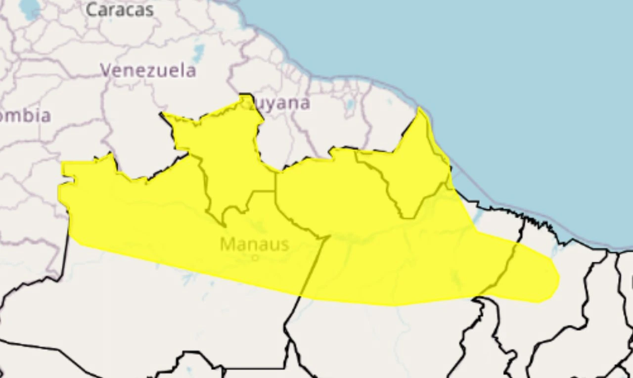 Trata-se de um alerta amarelo para chuvas intensas, ventania e risco de raios em partes do Norte e Nordeste