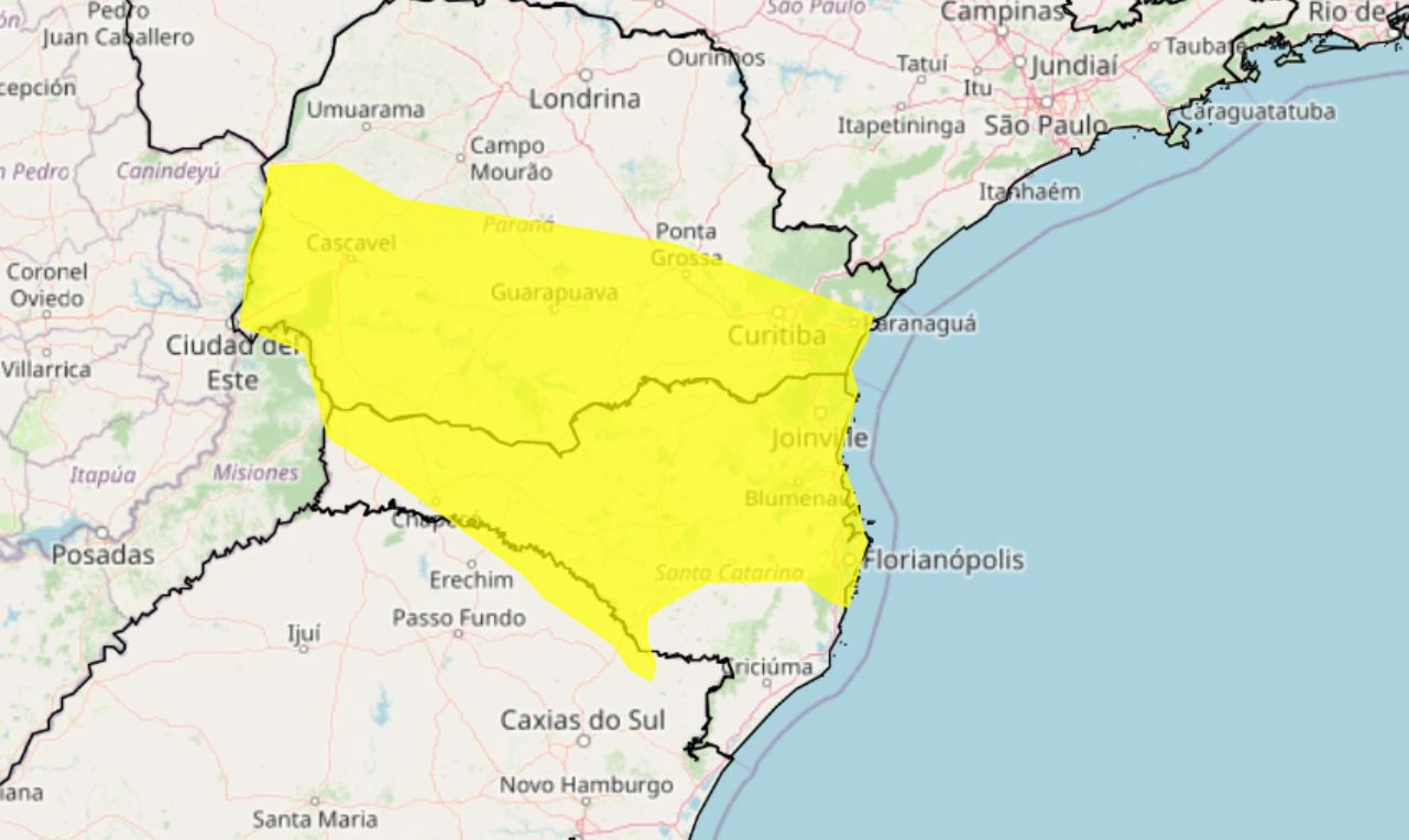 Trata-se de um alerta amarelo para chuva intensa e ventania em parte da região sul