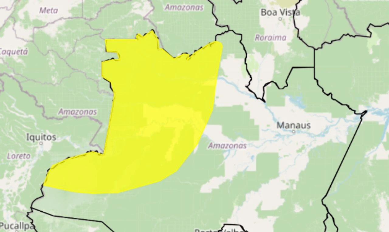 Trata-se de um alerta amarelo para chuvas intensas, ventania e risco de queda de árvores em parte do Amazonas
