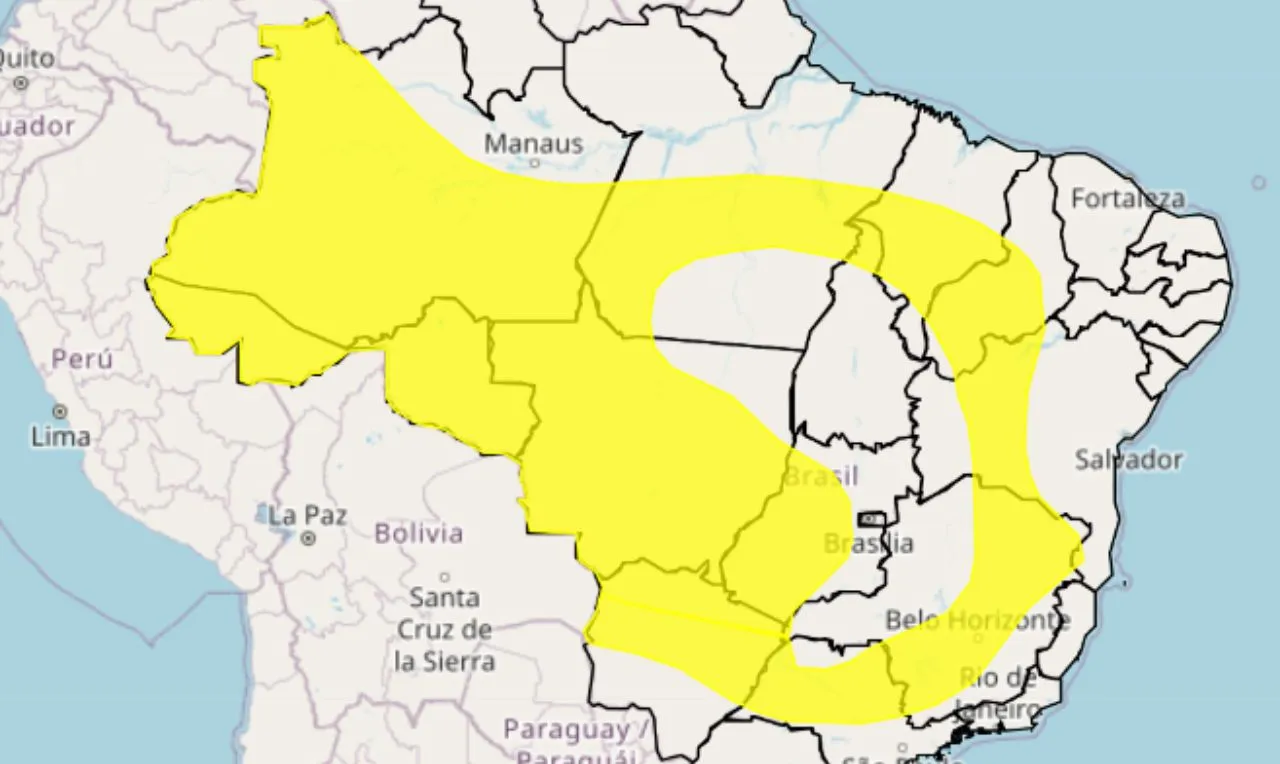 Está imagem trata do alerta amarelo para grande parte das regiões brasileiras entre esta segunda-feira e terça-feira