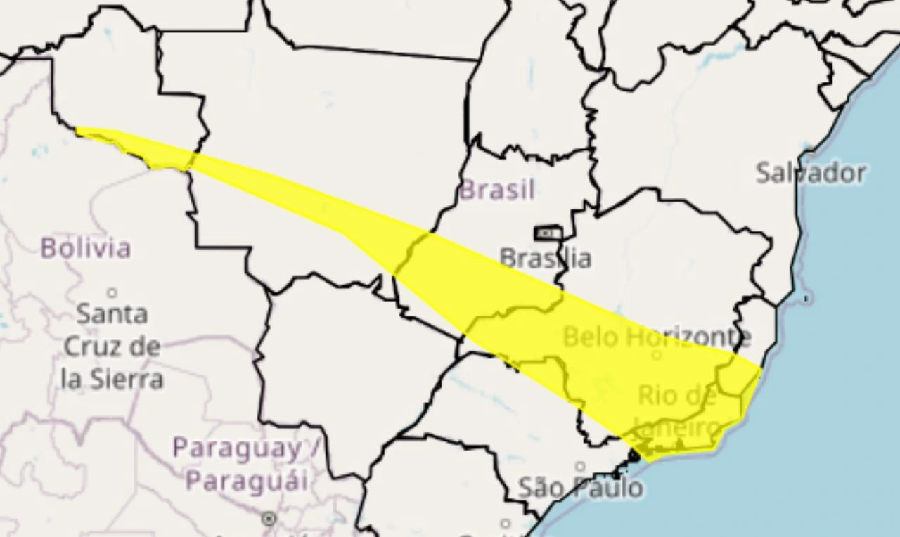Trata-se de um alerta amarelo para declínio de temperatura em partes do Norte, Centro-Oeste e Sudeste