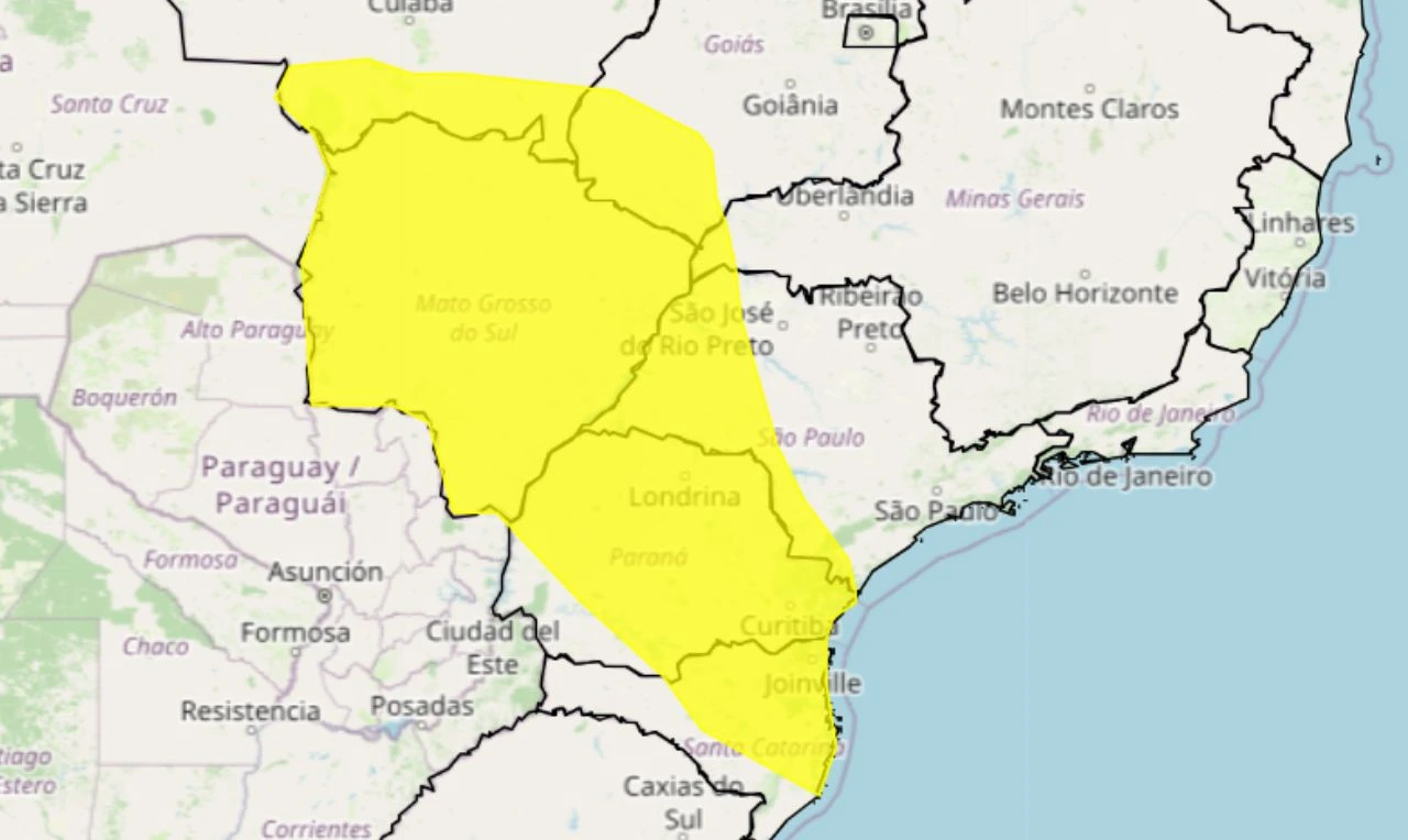Trata-se de um alerta amarelo para queda de temperatura em partes do Centro-Oeste, Sudeste e Sul do país