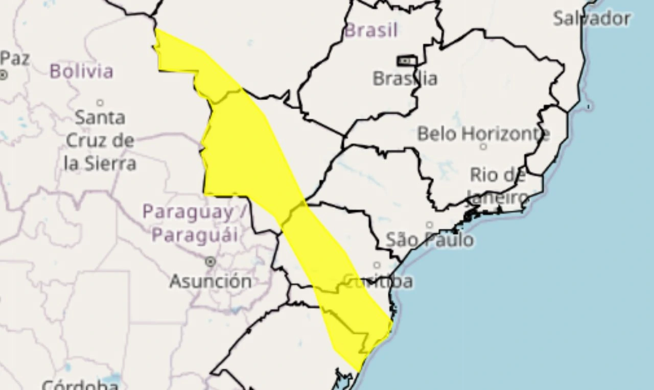 Trata-se de um alerta amarelo para declínio de temperatura em partes das regiões Centro-Oeste, Sudeste e Sul