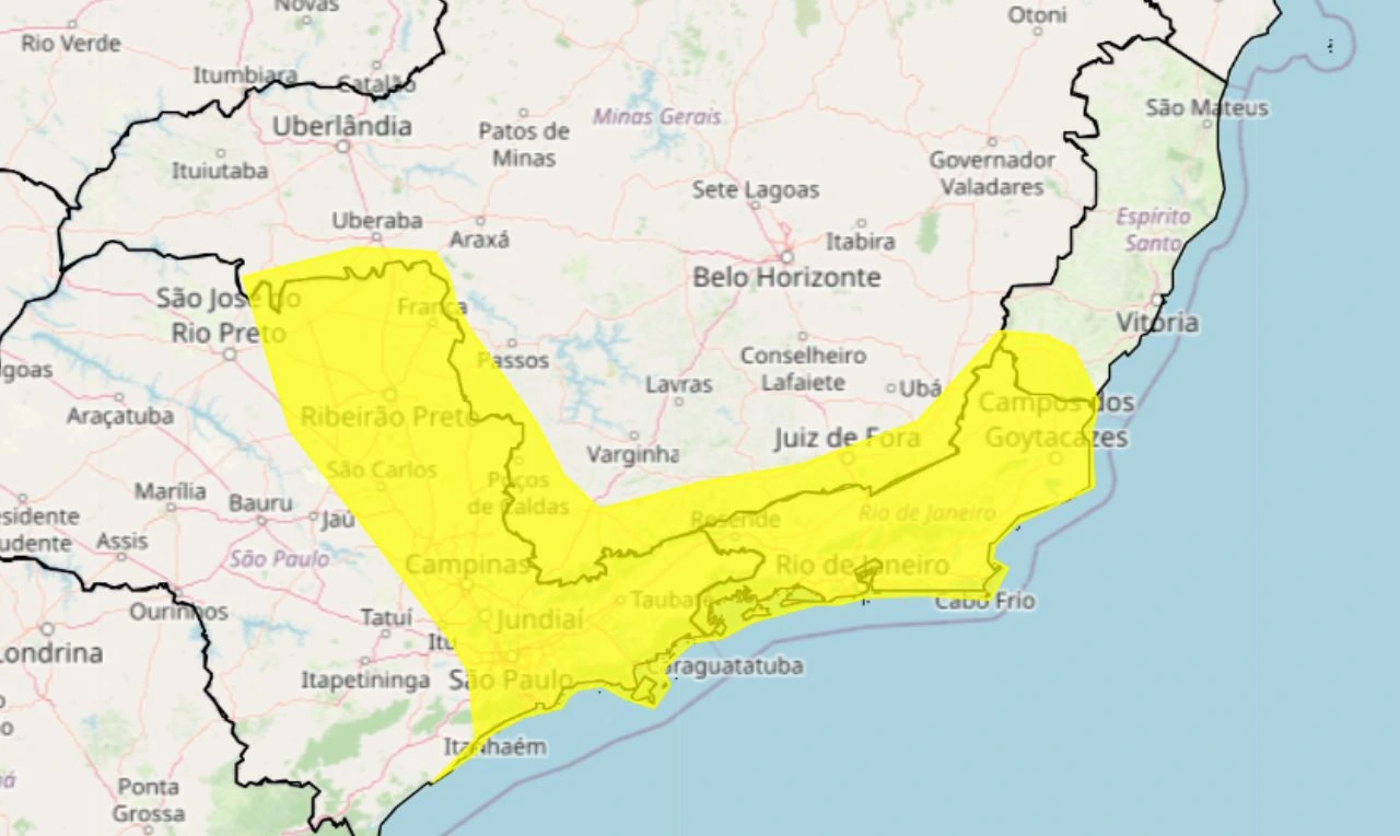 Trata-se de um alerta amarelo para declínio de temperatura em parte da região Sudeste