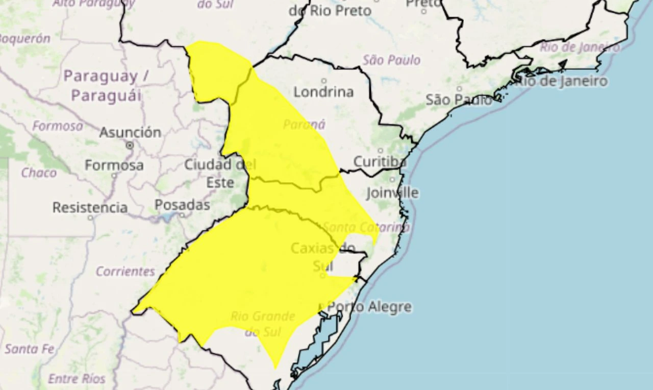 Trata-se de um alerta amarelo para geada em parte das regiões Centro-Oeste e Sul do país