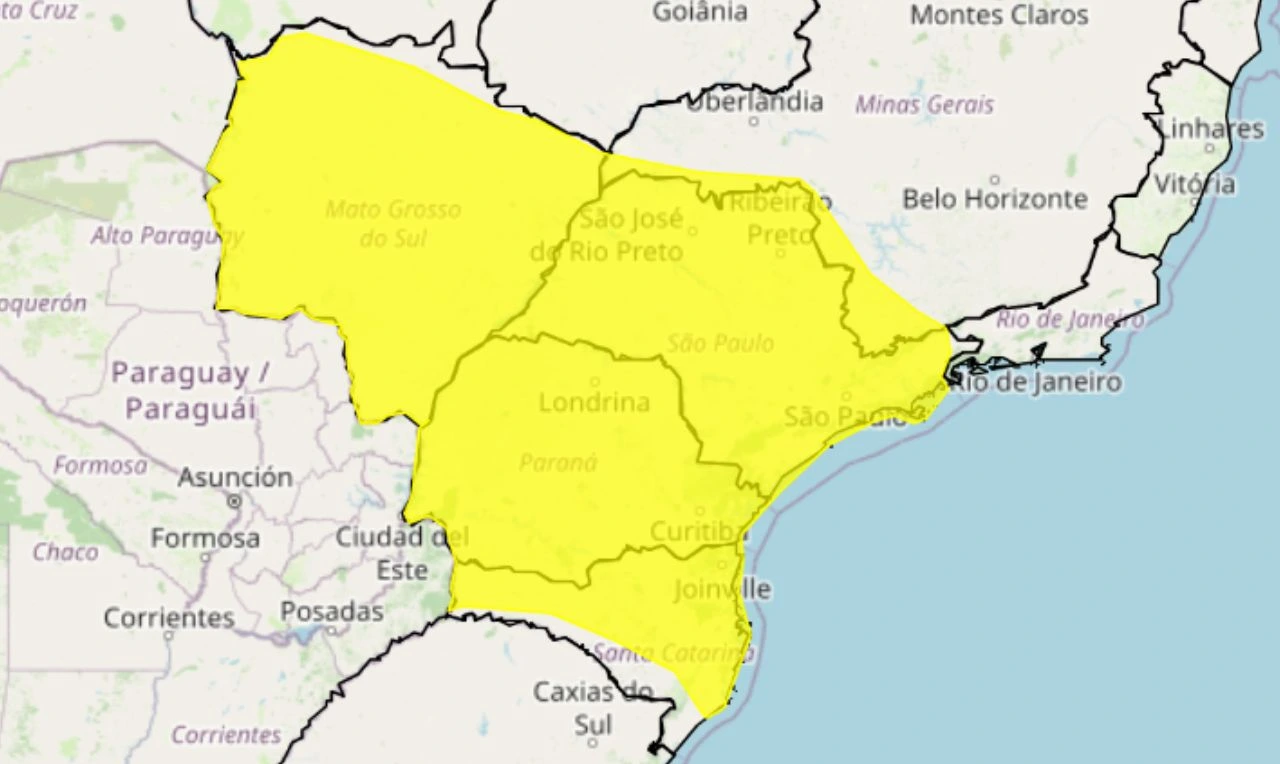 Trata-se de um alerta amarelo para onda de frio em partes do Centro-Oeste, Sudeste e Sul