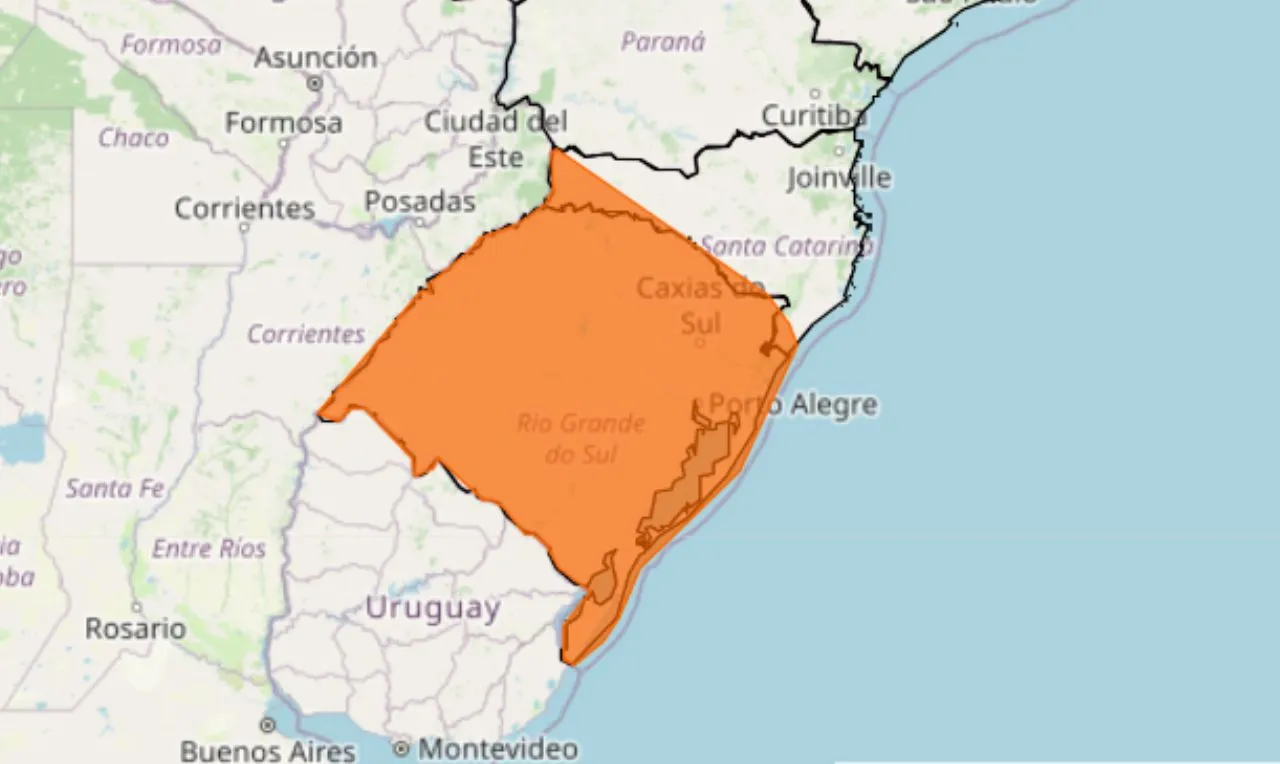 O mapa mostra as áreas em alerta para queda de temperatura